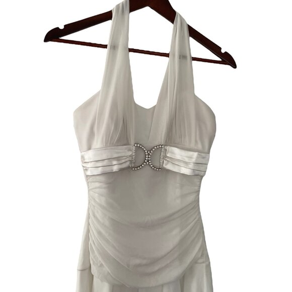 Vtg Y2K Taboo Ruched Mesh Halter Dress M White Handkerchief Hem Old Hollywood - Picture 2 of 7